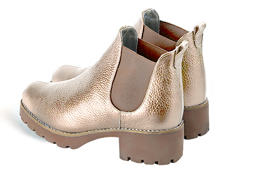 Tan beige women's ankle boots, with elastics. Round toe. Low rubber soles. Rear view - Florence KOOIJMAN
